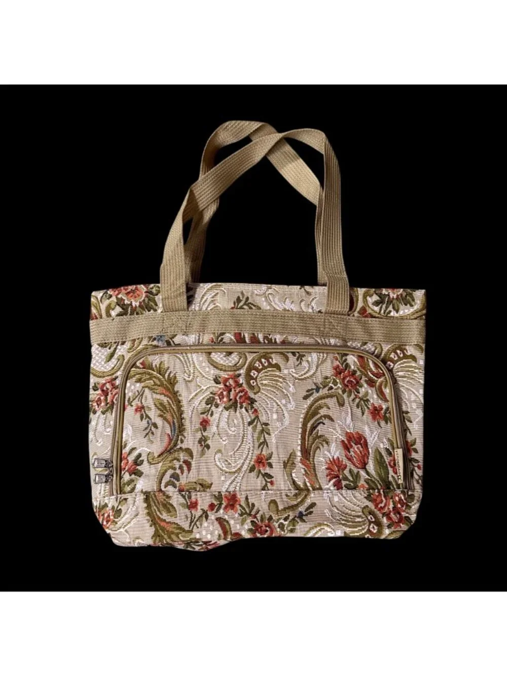 Vintage Floral Tapestry Tote Bag Orange Beige Rose Flowers Travel Bovano USA